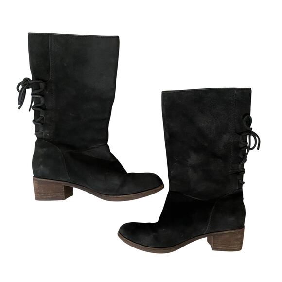 UGG Cary Black Suede Leather Lace up Block Heel Mid Calf Boots 6 1005949 - Picture 3 of 12